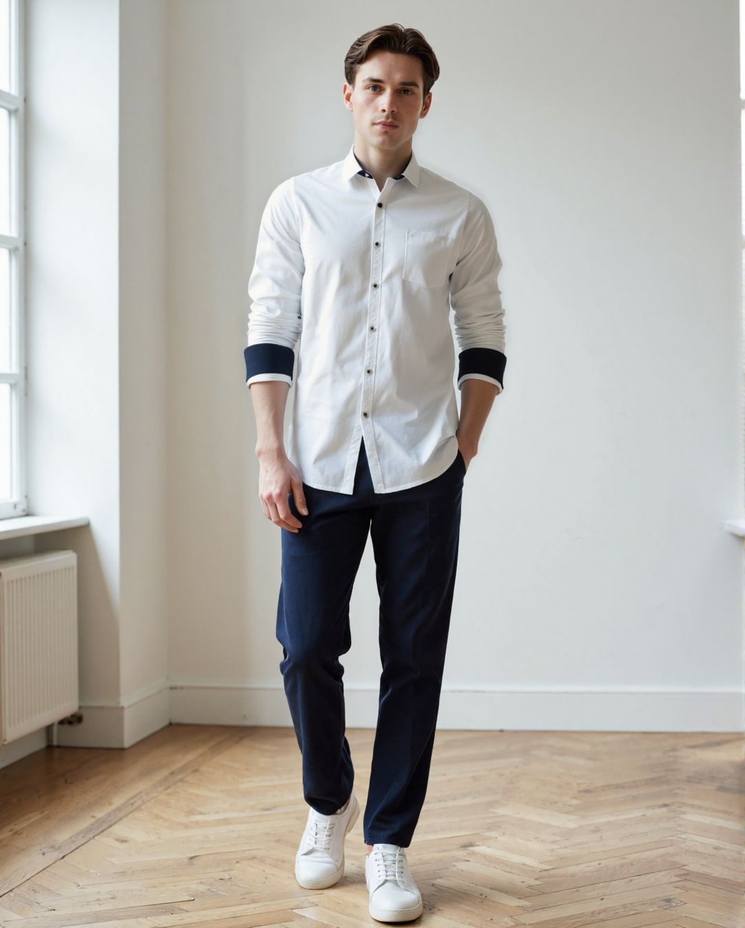 Men White Solid Spread Collar Full Sleeves Regular Fit Casual Shirt