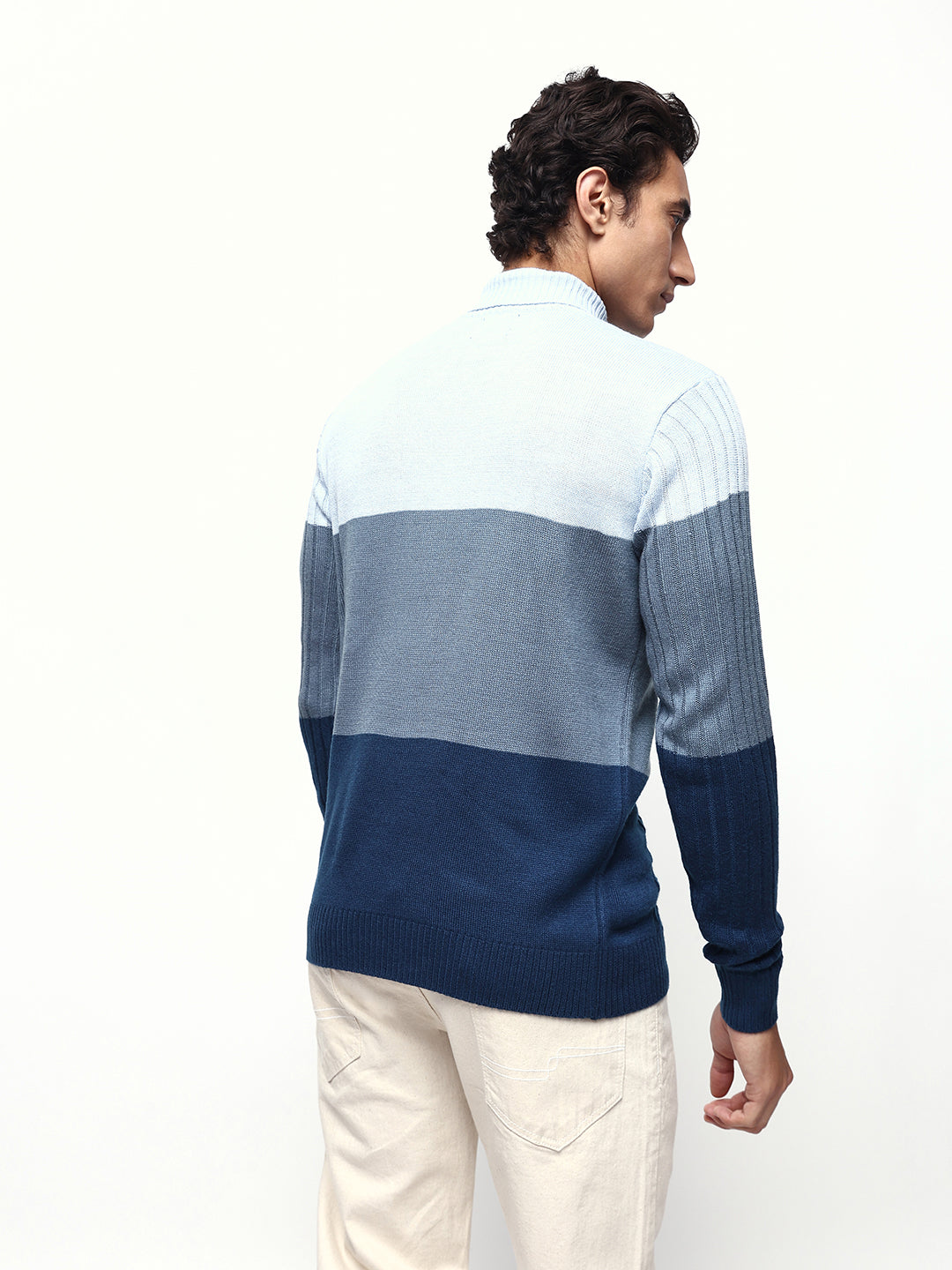 Men's Colourblocked Cable Knit Turtle Neck Pullover Sweater