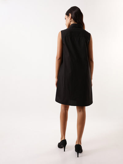 DL Woman Black Embroidered Spread Collar Sleeveless Shirt Dress