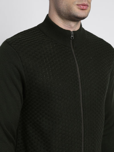 Dennis Lingo Men's Olive Solid Mock Full Sleeves Full Zip Sweater