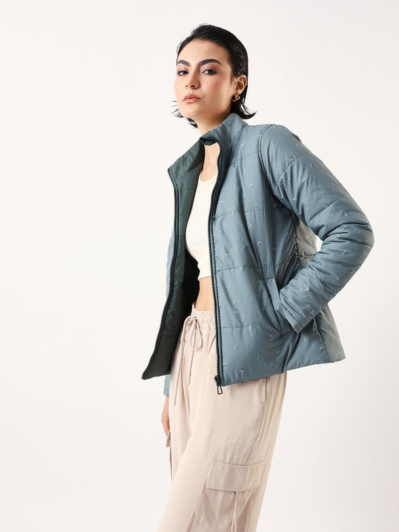 DL Woman Printed Mock Collar Reversible Puffer Jacket