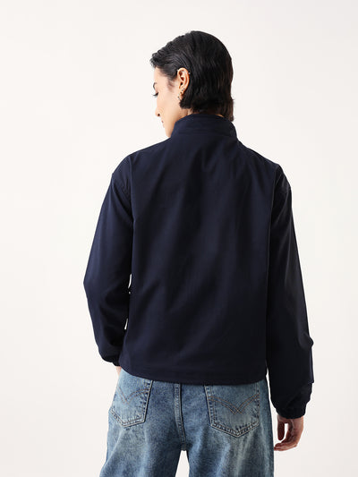 DL Woman Denim Blue Solid Mock Collar Full Sleeves Jacket