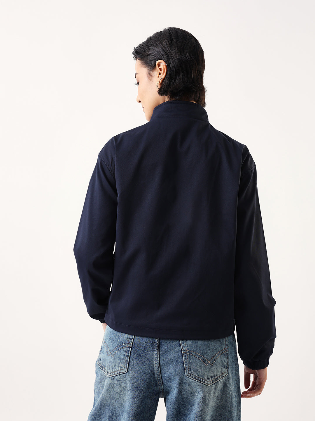 DL Woman Denim Blue Solid Mock Collar Full Sleeves Jacket
