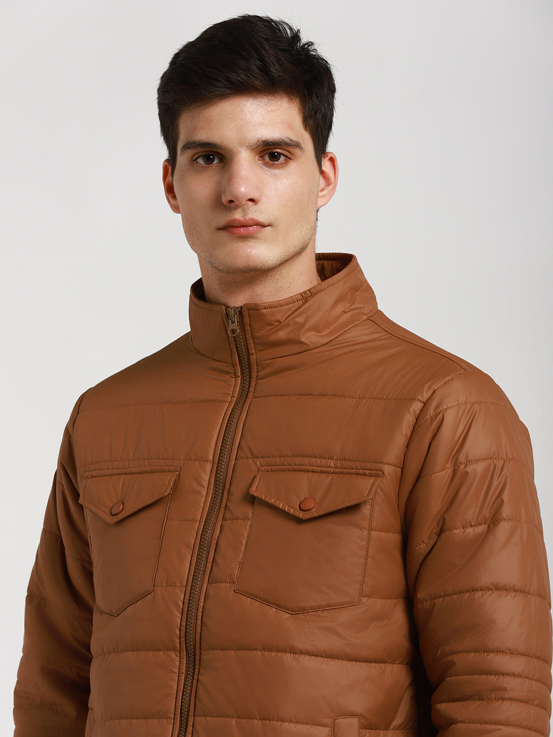 Dennis Lingo Men's Khaki Solid with patch pocket High Neck Full Sleeve Puffer W/O hood Jackets
