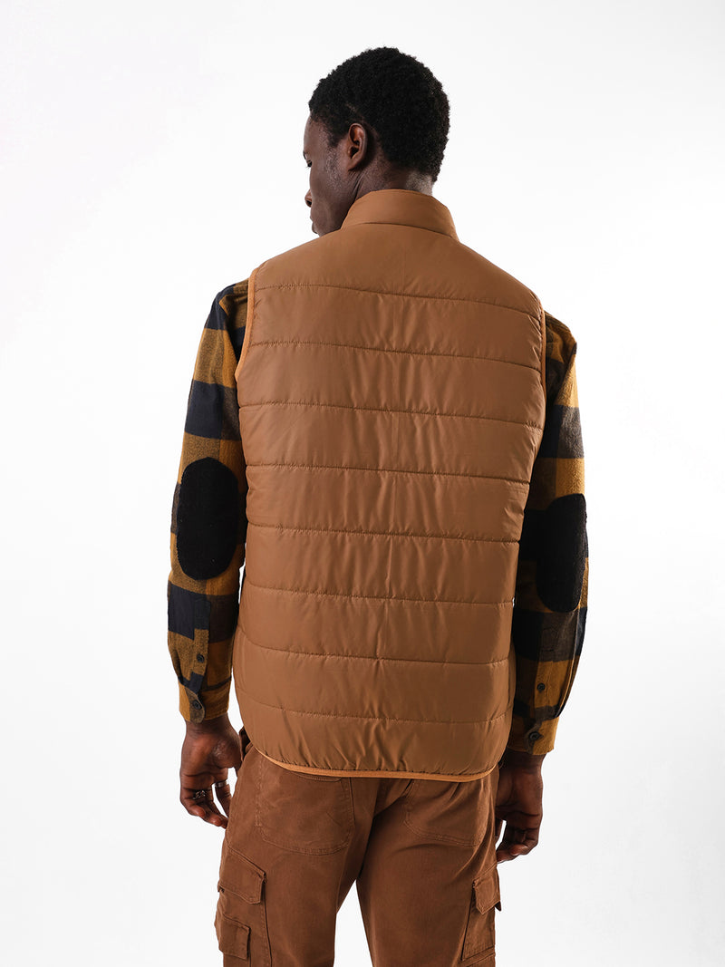 Men's Brown Solid Mock Neck Sleeveless Gilet Jacket