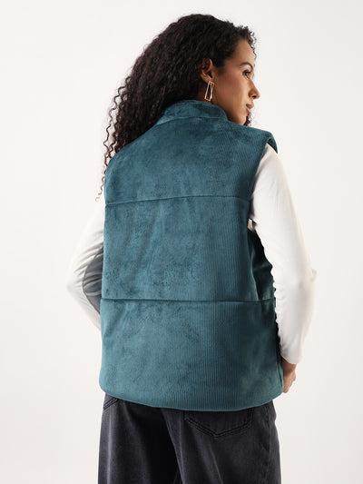 DL Woman Solid Stand Collar Sleeveless Velvet Jacket