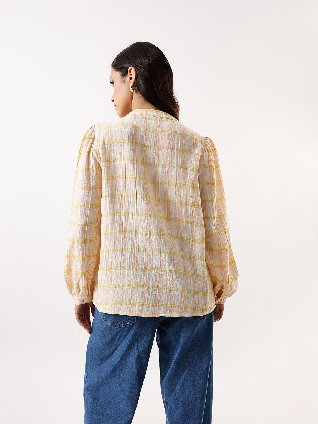 DL Woman Yellow Checks Mandarin Collar Full Sleeves Top