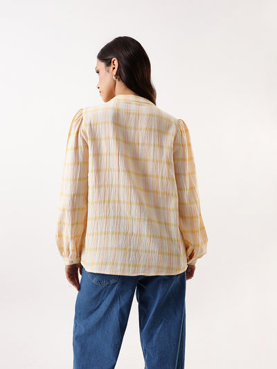 DL Woman Yellow Checks Mandarin Collar Full Sleeves Top