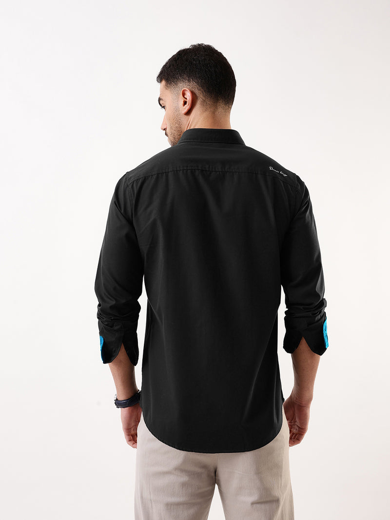Men Black Solid Spread Collar Full Sleeves Regular Fit Casual Shirt