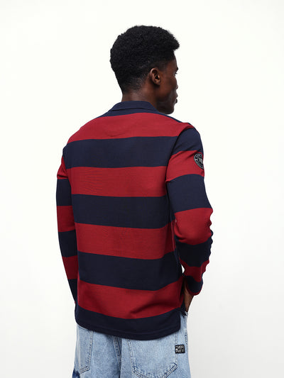 Men's Striped Polo Neck Full Sleeves Relaxed Fit T-shirt