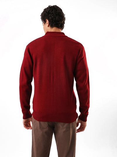 Men's Maroon Solid Self Design Mock Collar Front-Open Sweater