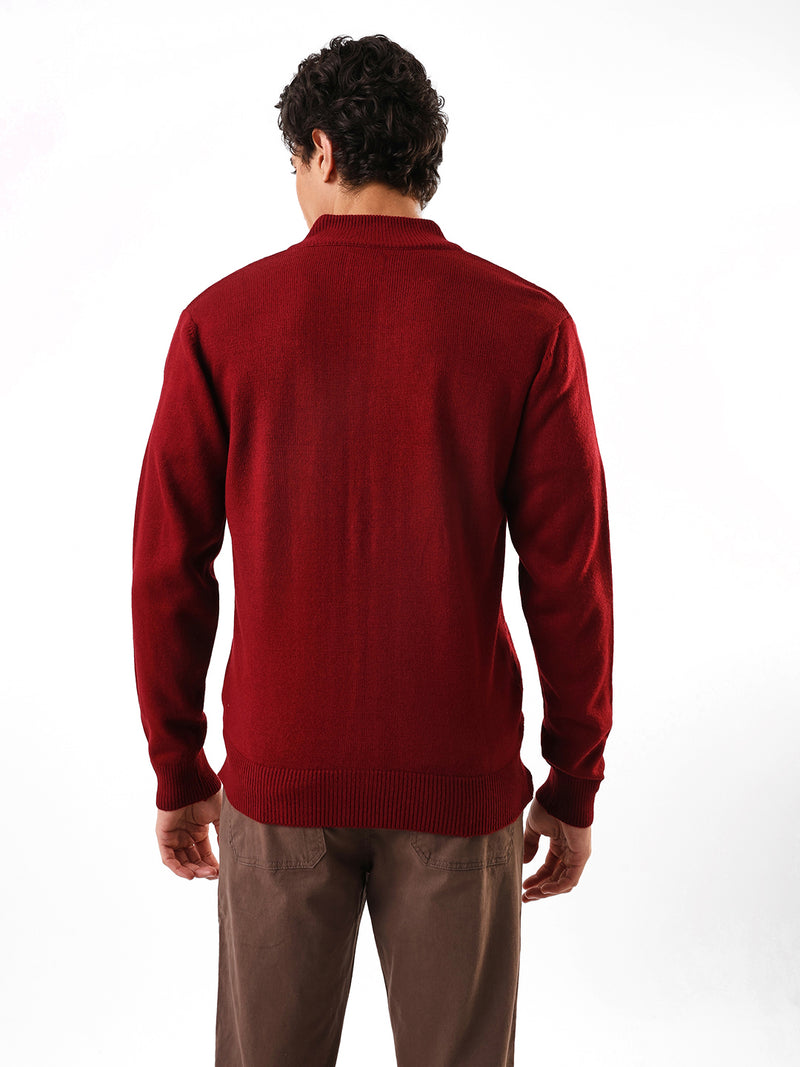 Men's Maroon Solid Self Design Mock Collar Front-Open Sweater