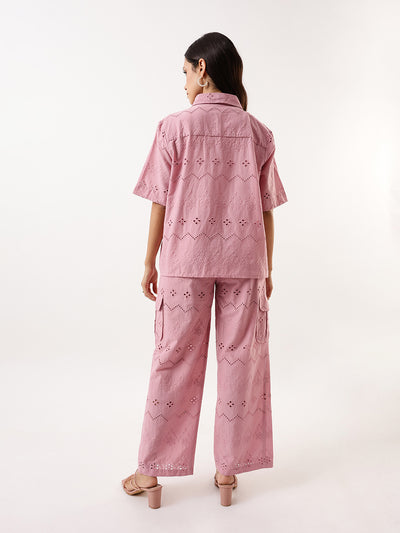 DL Woman Pink Schiffli Half Sleeves Shirt with Trousers Co-ords