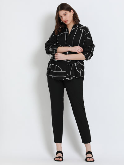 DL Woman Black Oversized Abstract Printed Cotton Casual Shirt