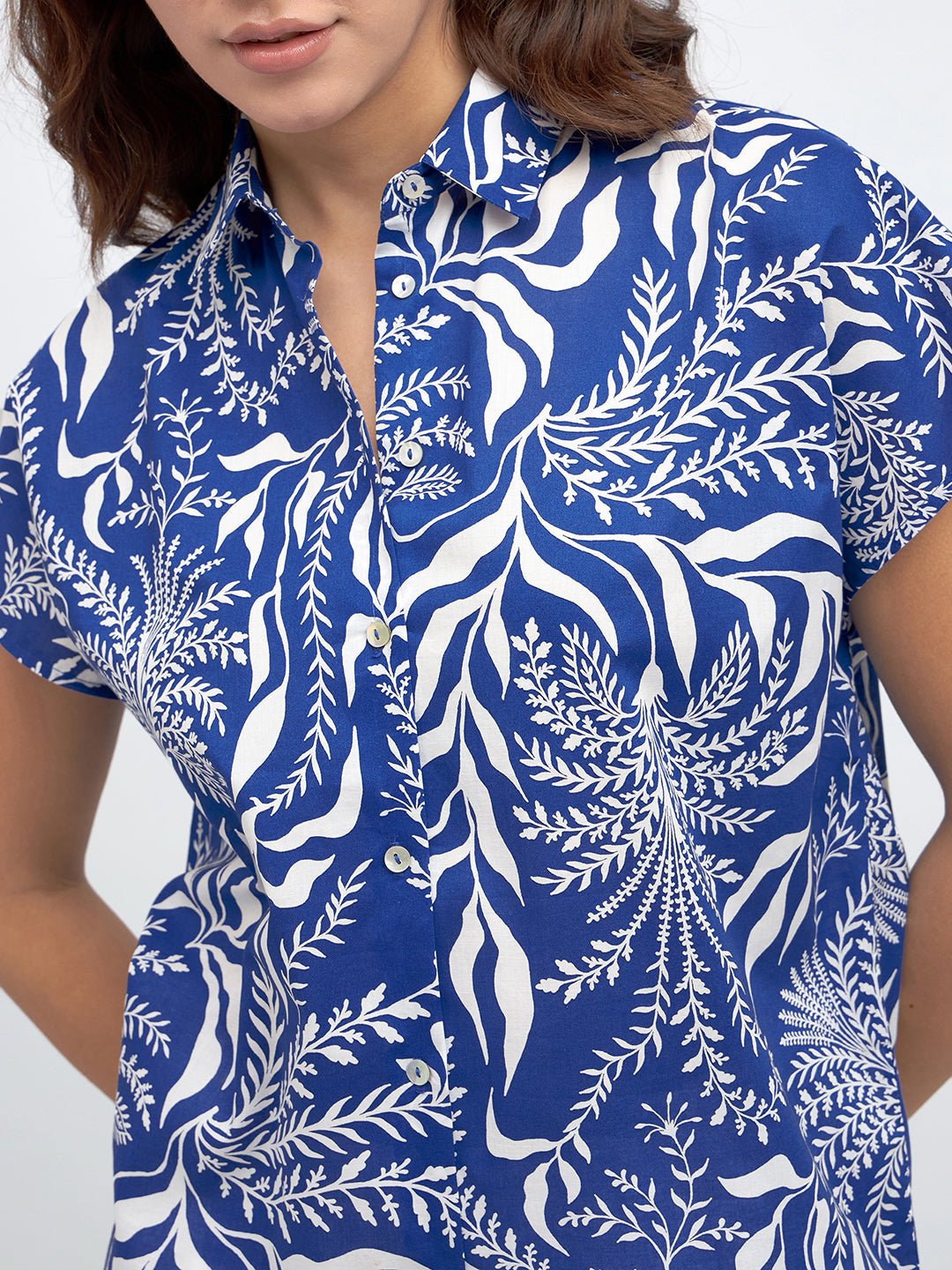 Spread Collar Regular Fit Tropical Print Blue Shirt
