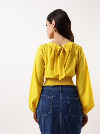 DL Woman Solid Round Neck Elasticated Top