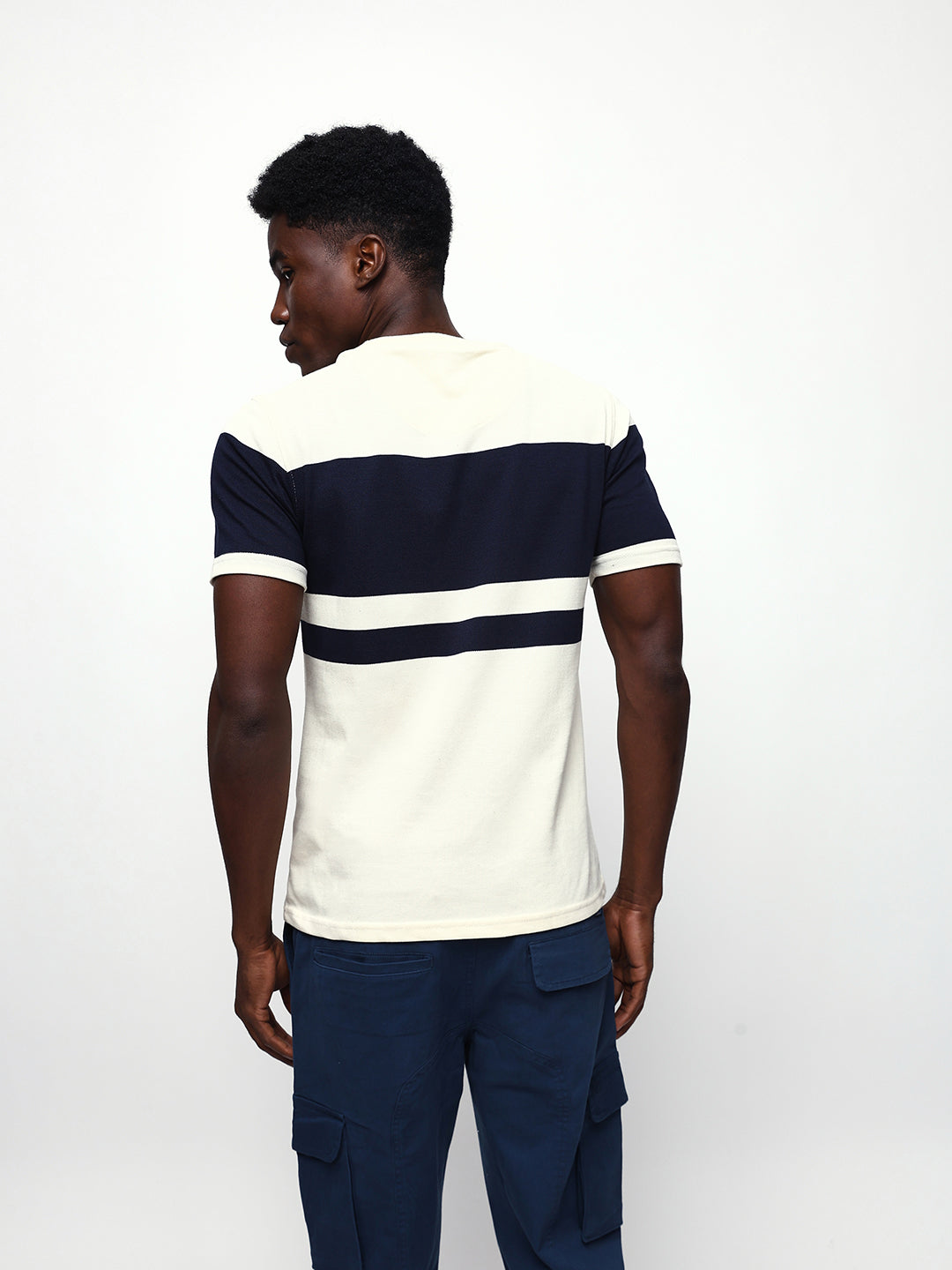 Men's Off White Striped Round Neck Relaxed Fit T-shirt