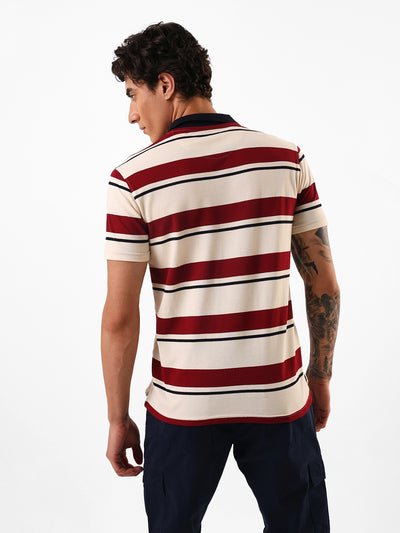 Men's Off White Striped Polo Collar Relaxed Fit T-shirt