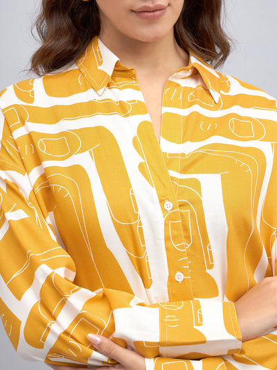 DL Woman Shirt Collar Regular Fit Abstract Print Mustard Shirt