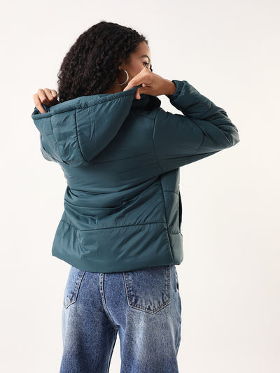 DL Woman Dark Green Hooded Full Sleeves Puffer Jacket