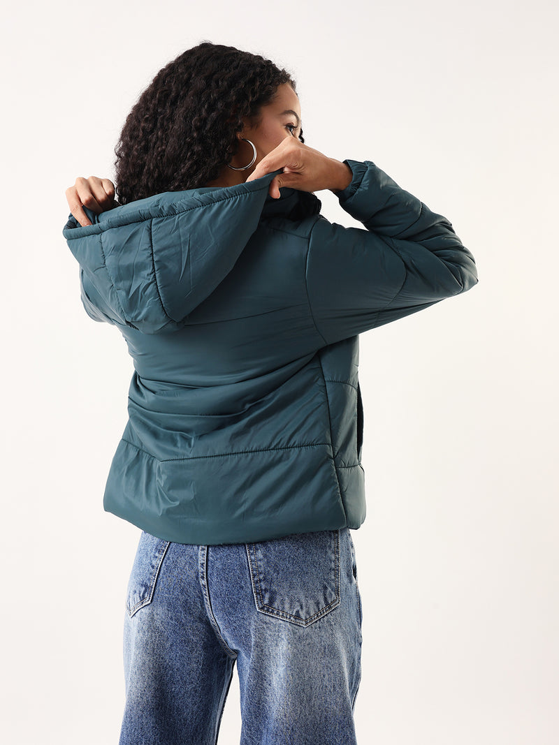 DL Woman Dark Green Hooded Full Sleeves Puffer Jacket