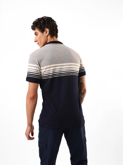 Men's Navy Striped Polo Collar Relaxed Fit T-shirt