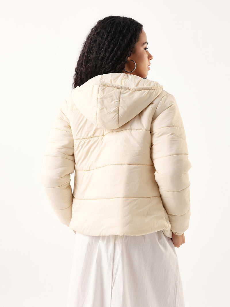 DL Woman Off White Hooded Full Sleeves Puffer Jacket