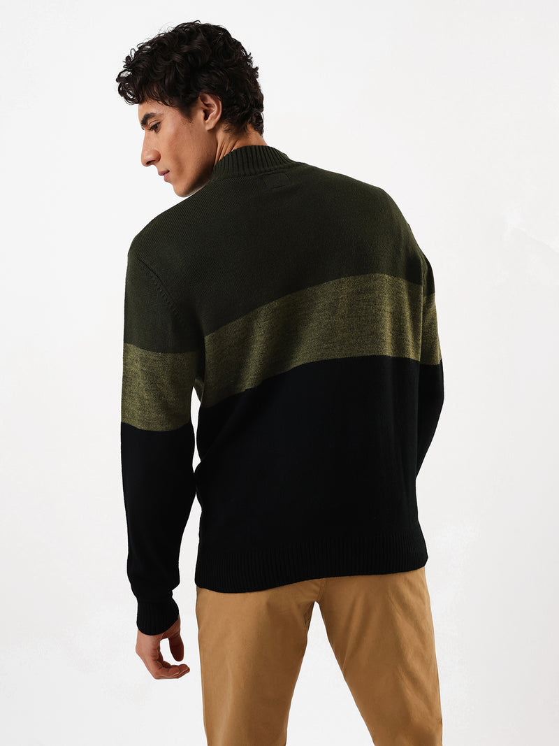 Men's Colourblocked Mock Collar Pullover Sweater
