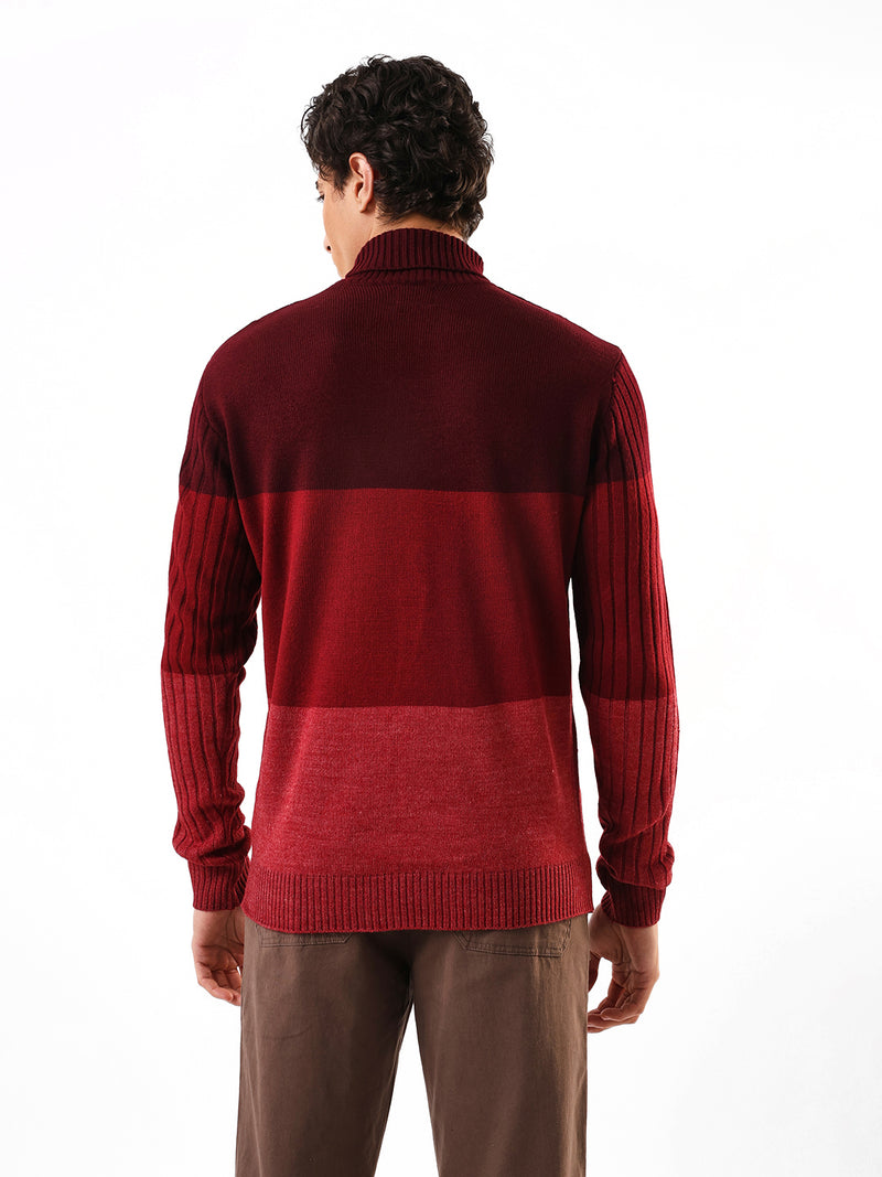 Men's Colourblocked Cable Knit Turtle Neck Pullover Sweater