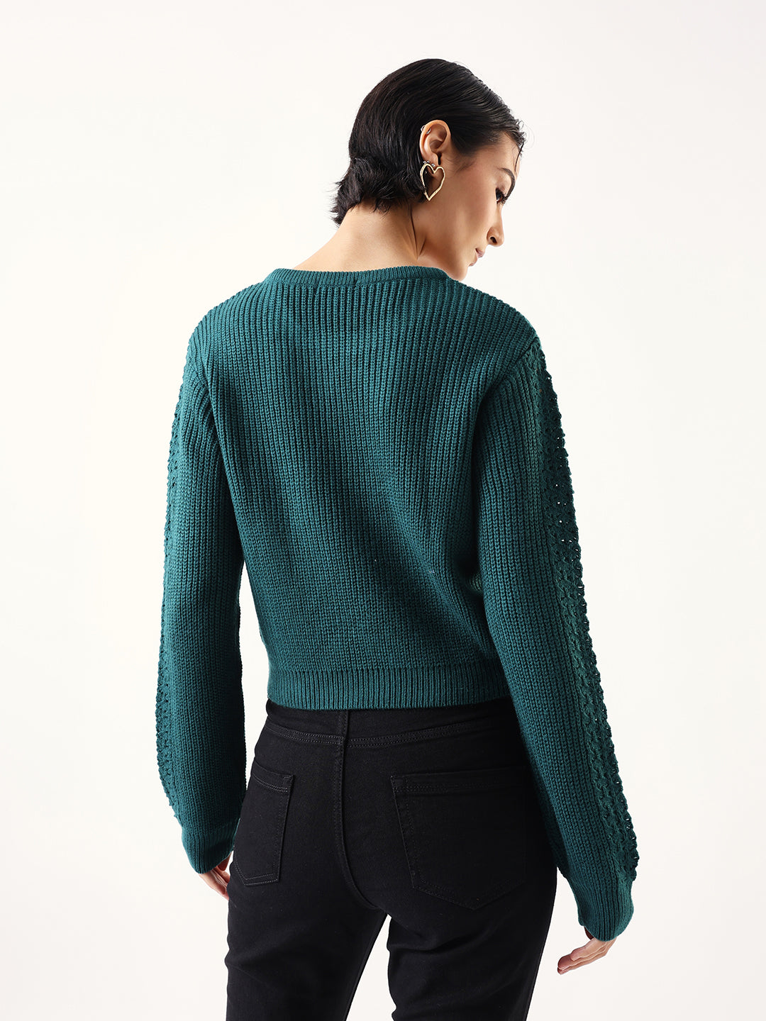Solid Round Neck Full Sleeves Crochet Sweater