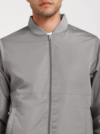 Men's Rib Collar Regular Fit Solid Grey Bomber Jacket
