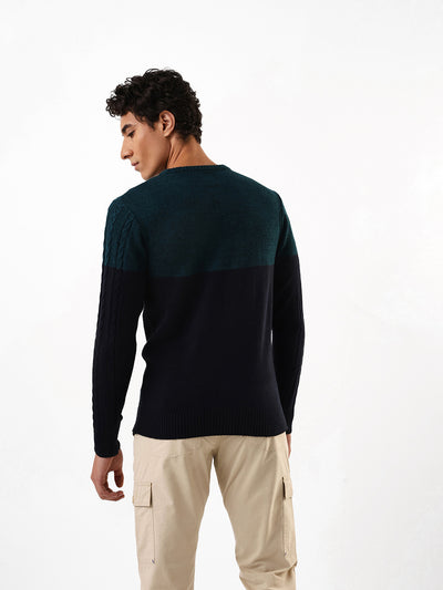 Men's Teal & Black Colourblocked Cable Knit Round Neck Pullover Sweater
