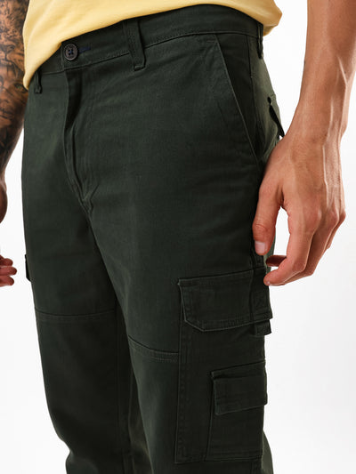 Men's Olive Solid Cotton Relaxed Fit Mid-Rise Cargo Trousers
