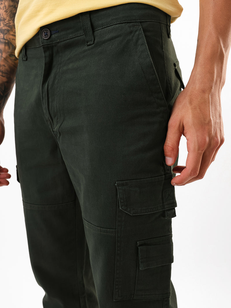 Men's Olive Solid Cotton Relaxed Fit Mid-Rise Cargo Trousers