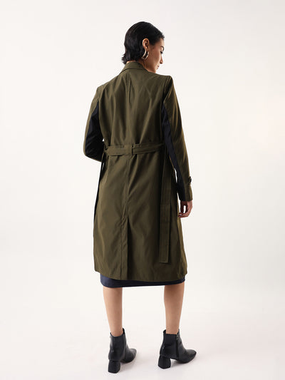 DL Woman Solid Full Sleeves Lapel Collar Trench Coat