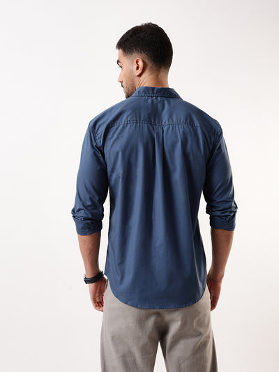 Men Blue Solid Spread Collar Embroidered Shirt