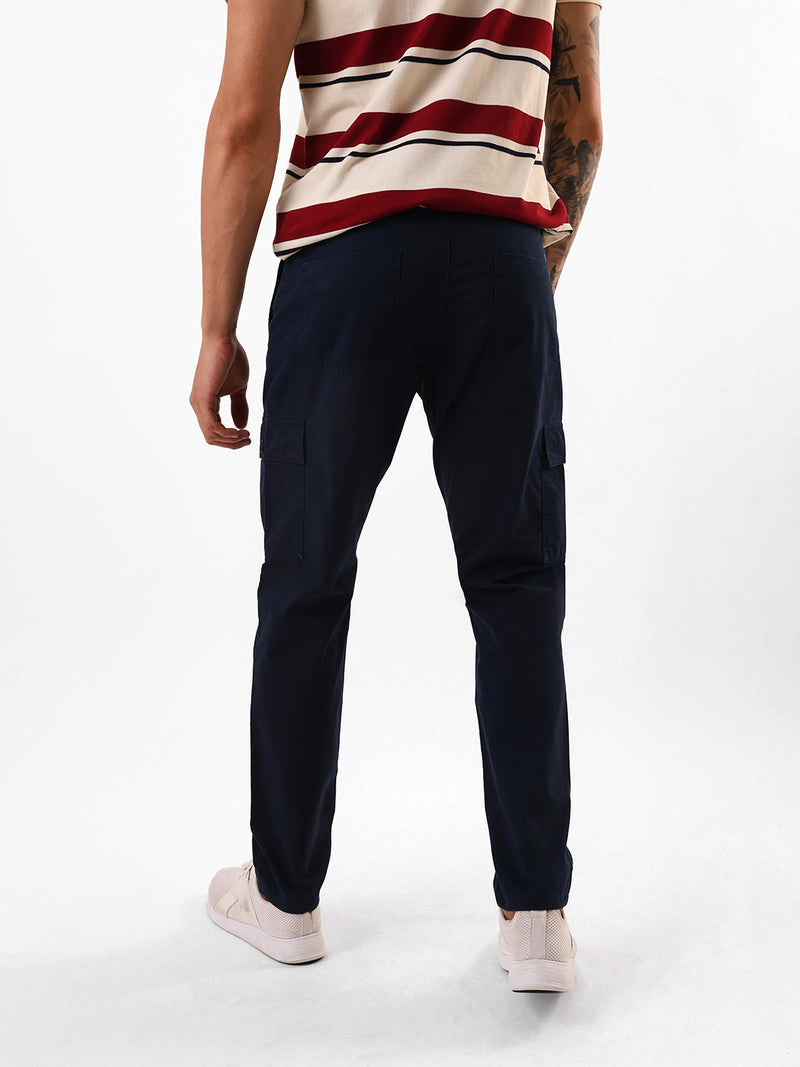 Men's Navy Blue Solid Slim Fit Cargo Trouser