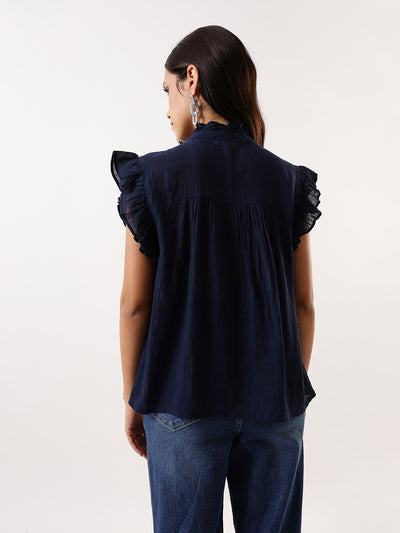 DL Woman Navy Solid Textured Sleeveless Round Neck Ruffle Top