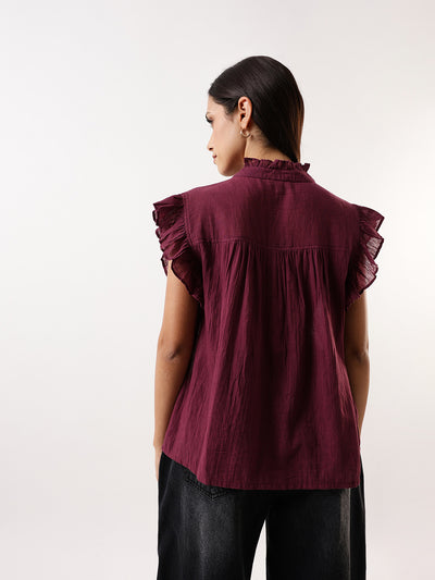 DL Woman Mauve Solid Textured Sleeveless Round Neck Ruffle Top