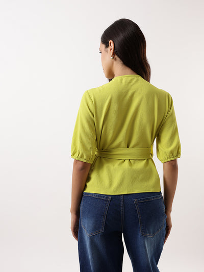 DL Woman Green Solid Textured V-Neck Half Sleeves Tie-Up Top
