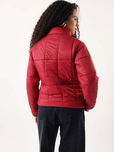 DL Woman Maroon Solid Stand Collar Full sleeves Puffer Jacket
