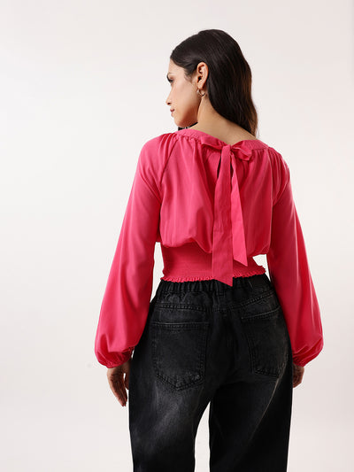 DL Woman Pink Solid Round Neck Elasticated Top