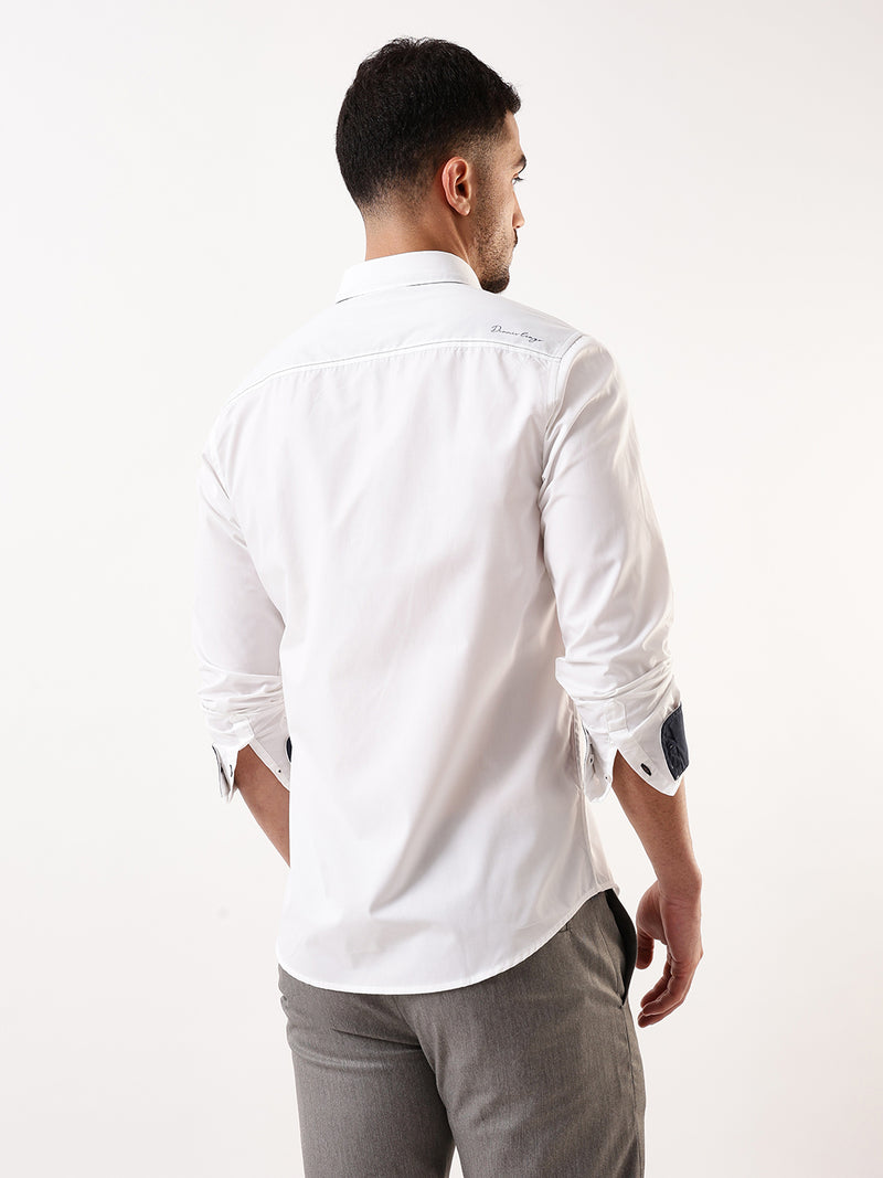 Men White Solid Spread Collar Full Sleeves Regular Fit Casual Shirt
