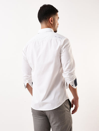 Men White Solid Spread Collar Full Sleeves Regular Fit Casual Shirt