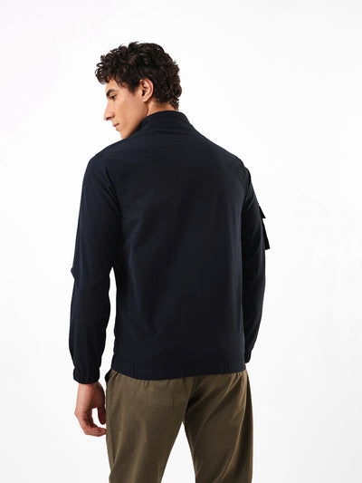 Men's Navy Solid Mock Collar Full Sleeves Lightweight Open-Front Jacket