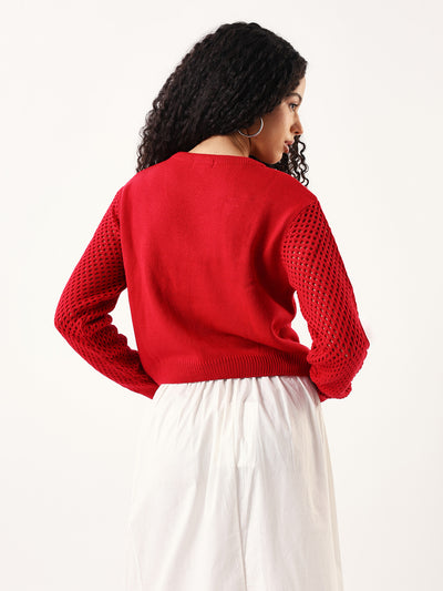DL Woman Solid Round Neck Pointelle Knit Sweater
