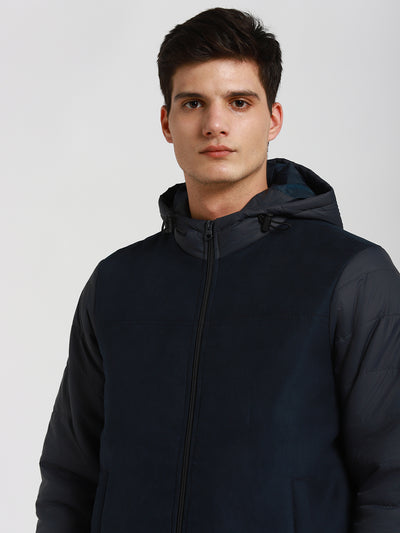 Dennis Lingo Men's Hooded Regular Fit Suede Solid Navy Jackets