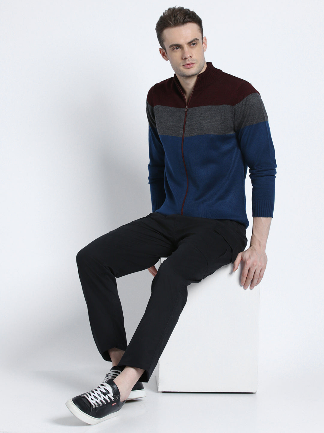 Men's Maroon Colourblocked Mock Neck Front-Open Sweater