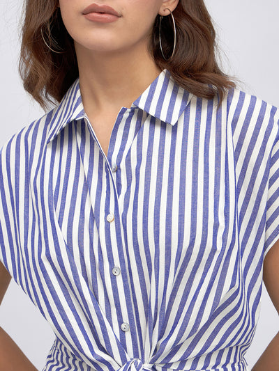 DL Woman Blue Striped Tie-Up Cotton Shirt Style Midi Dress