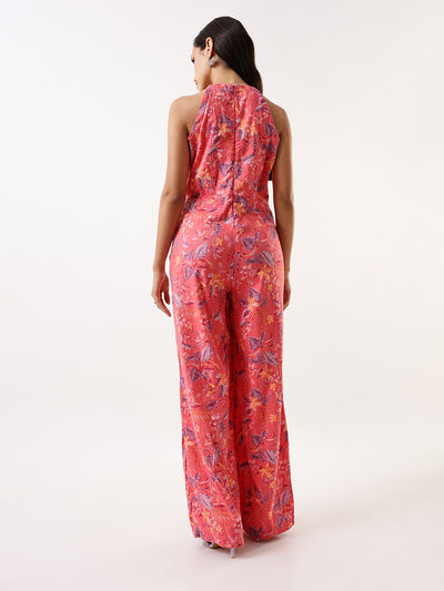 DL Woman Coral Halter Neck Floral Printed Jumpsuit
